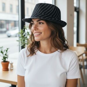 🤑 4/$24 Black White Pin Striped Fedora Hat